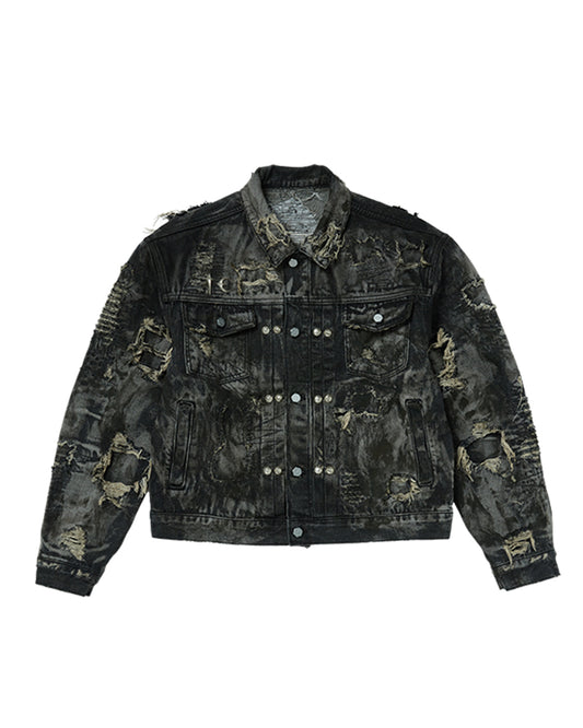 Thug Club_Hard-Washed Damaged Denim Jacket (Black)