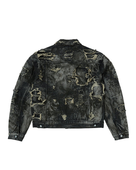 Thug Club_Hard-Washed Damaged Denim Jacket (Black)