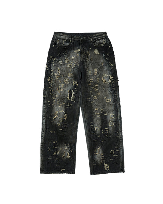 Thug Club_Hard Washed Damaged Denim Pants (Black)