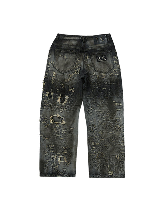Thug Club_Hard Washed Damaged Denim Pants (Black)