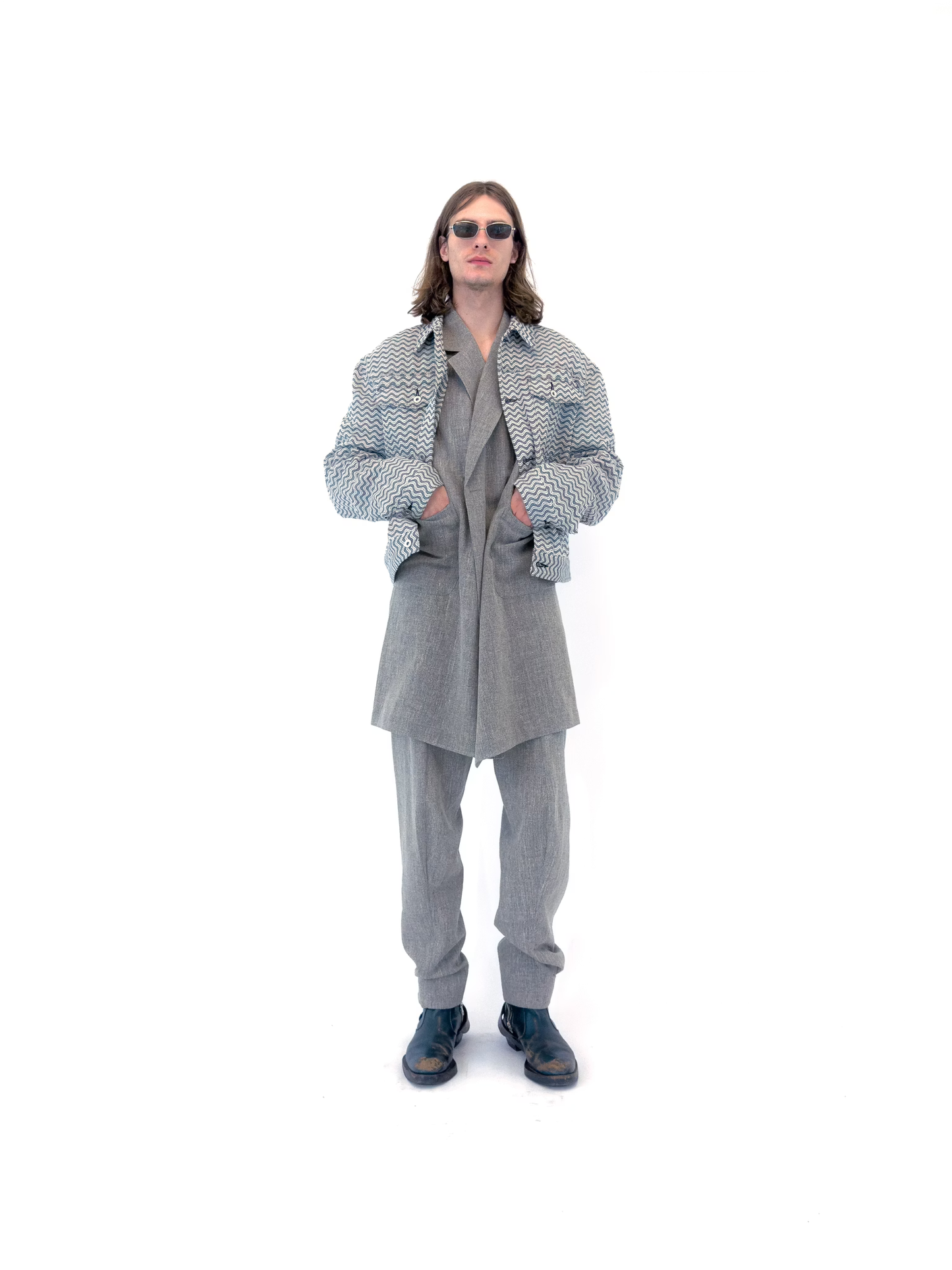 KOZABURO_TRUCKER JACKET - WAVE SASHIKO (Black/White)