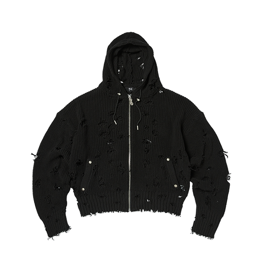Thug Club_TC Destroyed Knit Zip-Up Hoodie (Black)