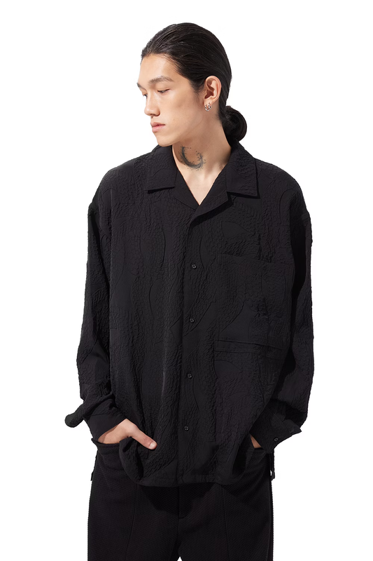 KOZABURO_EMBOSSING CAMP COLLAR LS SHIRTS (Black)