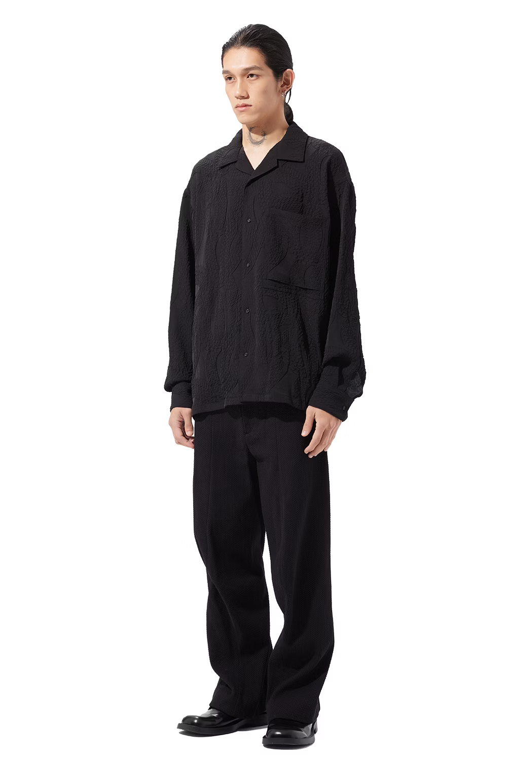KOZABURO_EMBOSSING CAMP COLLAR LS SHIRTS (Black)