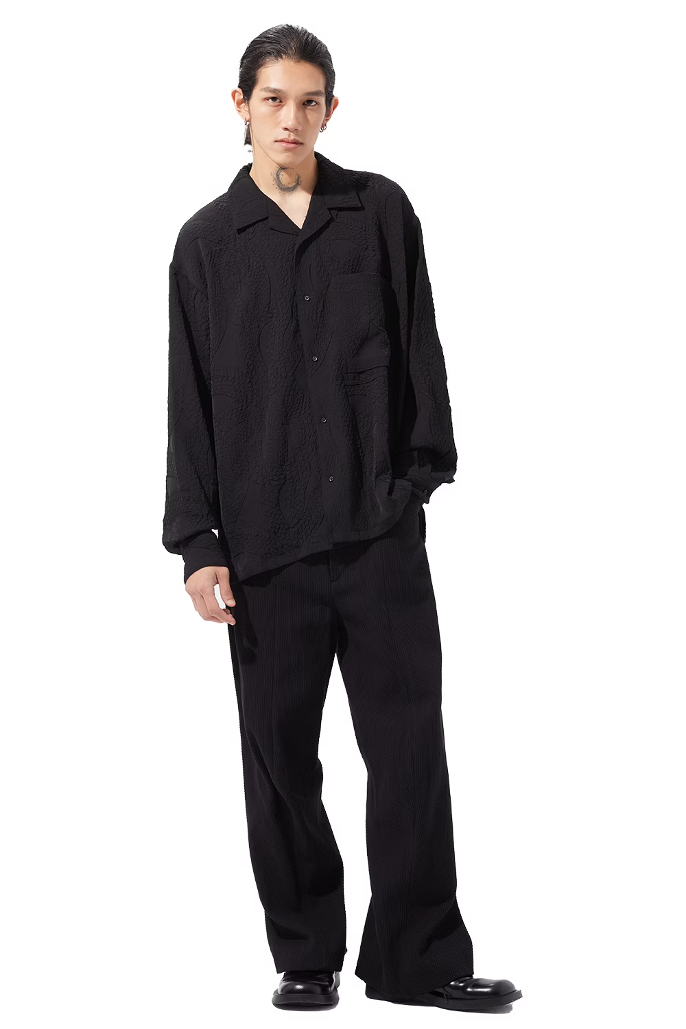 KOZABURO_EMBOSSING CAMP COLLAR LS SHIRTS (Black)