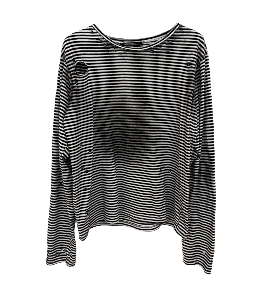 Sunday Off Club_Dirty Striped Long Sleeve T-shirt (Black/White)
