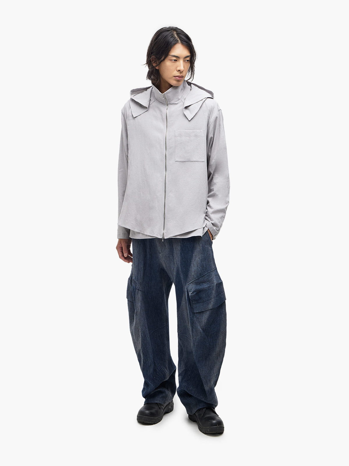 JiyongKim_Hooded Layered Zip-Up Shirt (Off-White)